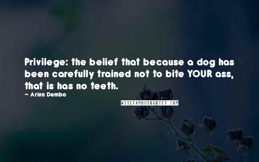 Arinn Dembo Quotes: Privilege: the belief that because a dog has been carefully trained not to bite YOUR ass, that is has no teeth.
