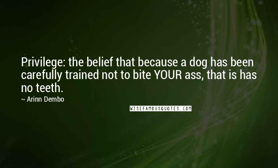Arinn Dembo Quotes: Privilege: the belief that because a dog has been carefully trained not to bite YOUR ass, that is has no teeth.