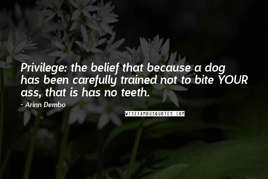 Arinn Dembo Quotes: Privilege: the belief that because a dog has been carefully trained not to bite YOUR ass, that is has no teeth.