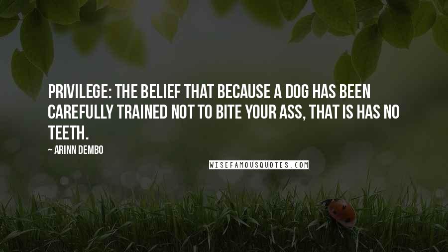 Arinn Dembo Quotes: Privilege: the belief that because a dog has been carefully trained not to bite YOUR ass, that is has no teeth.