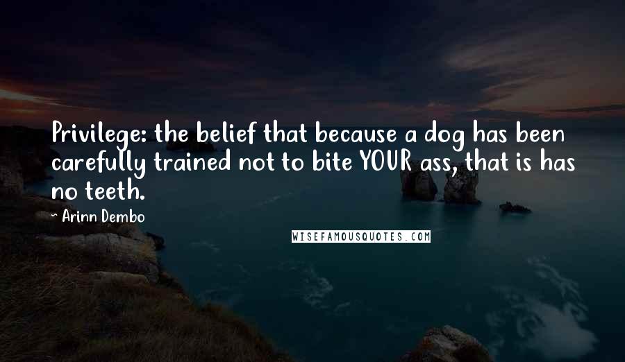 Arinn Dembo Quotes: Privilege: the belief that because a dog has been carefully trained not to bite YOUR ass, that is has no teeth.