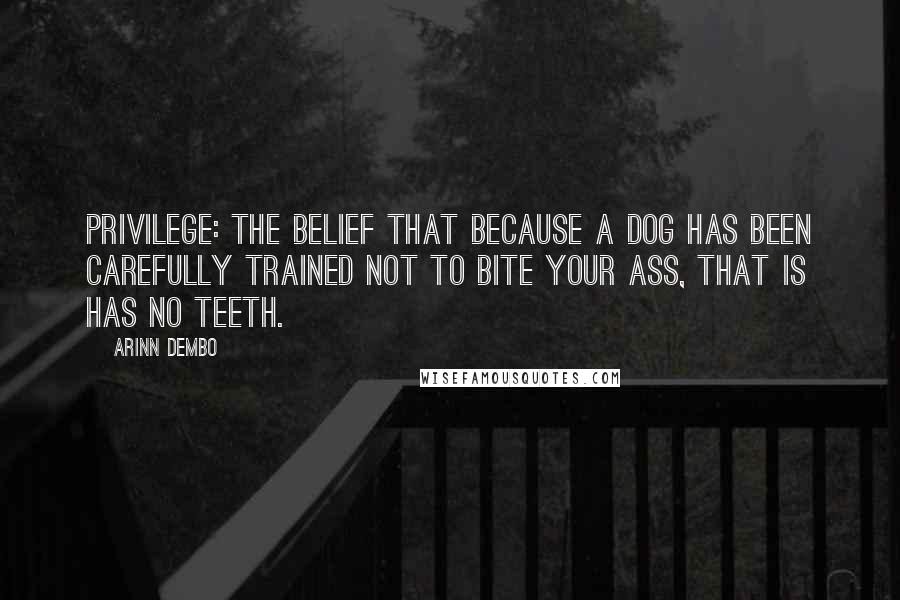 Arinn Dembo Quotes: Privilege: the belief that because a dog has been carefully trained not to bite YOUR ass, that is has no teeth.