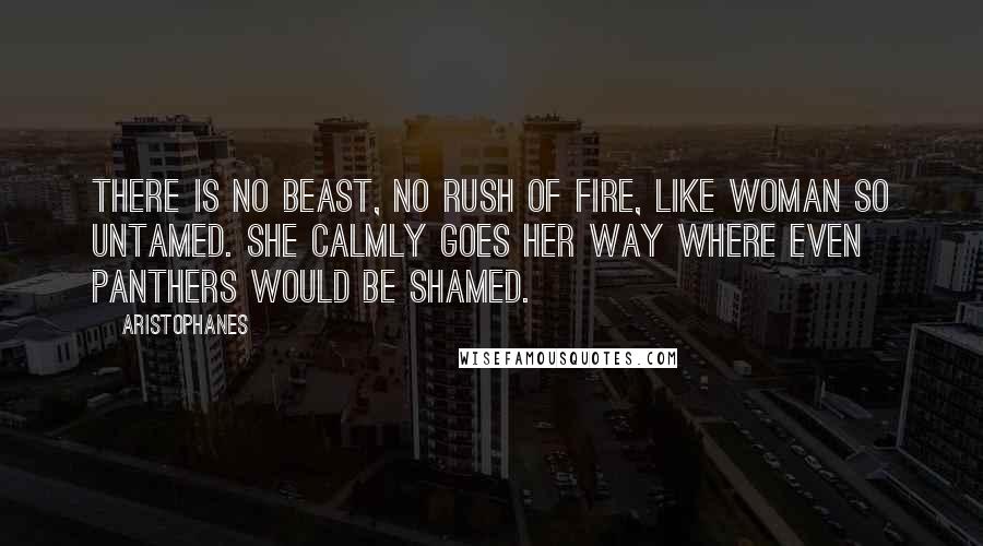 Aristophanes Quotes: There is no beast, no rush of fire, like woman so untamed. She calmly goes her way where even panthers would be shamed.