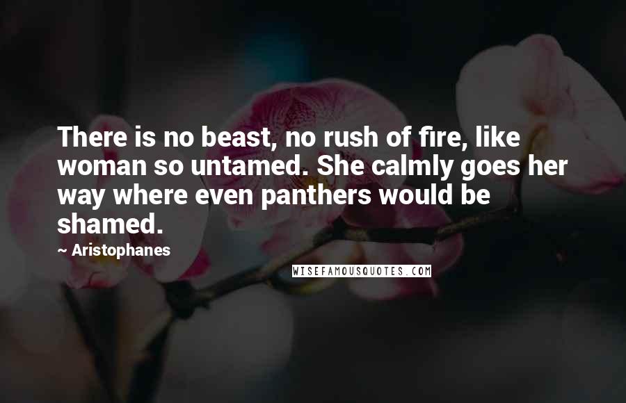 Aristophanes Quotes: There is no beast, no rush of fire, like woman so untamed. She calmly goes her way where even panthers would be shamed.