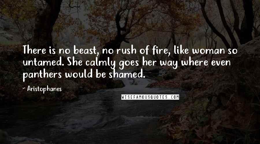 Aristophanes Quotes: There is no beast, no rush of fire, like woman so untamed. She calmly goes her way where even panthers would be shamed.