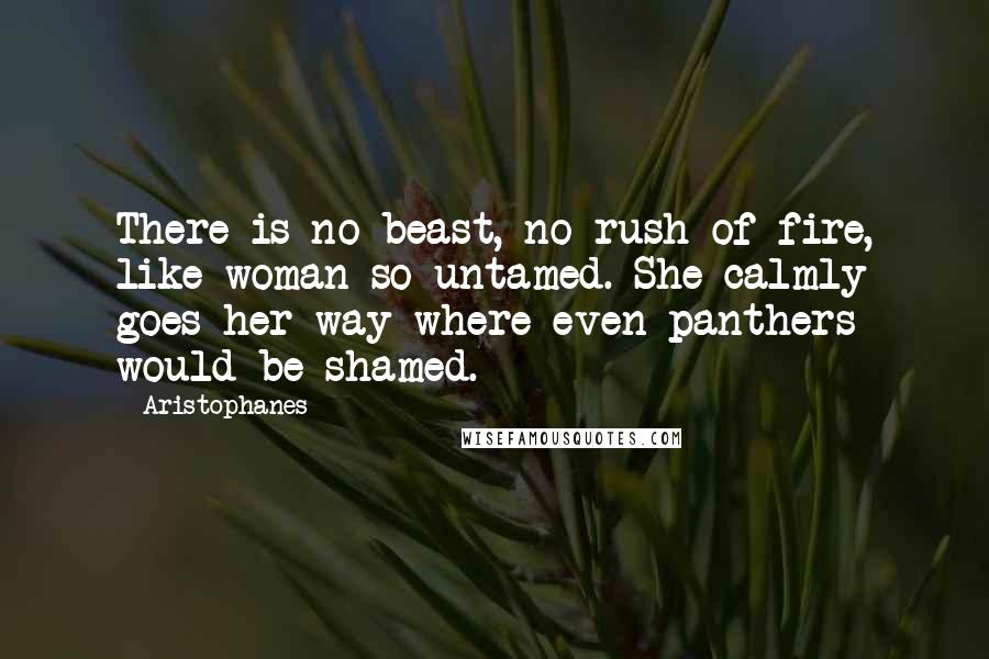 Aristophanes Quotes: There is no beast, no rush of fire, like woman so untamed. She calmly goes her way where even panthers would be shamed.