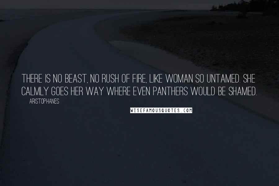 Aristophanes Quotes: There is no beast, no rush of fire, like woman so untamed. She calmly goes her way where even panthers would be shamed.