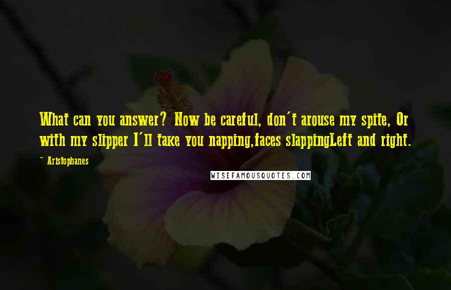 Aristophanes Quotes: What can you answer? Now be careful, don't arouse my spite, Or with my slipper I'll take you napping,faces slappingLeft and right.