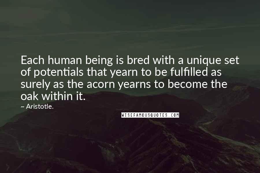 Aristotle. Quotes: Each human being is bred with a unique set of potentials that yearn to be fulfilled as surely as the acorn yearns to become the oak within it.