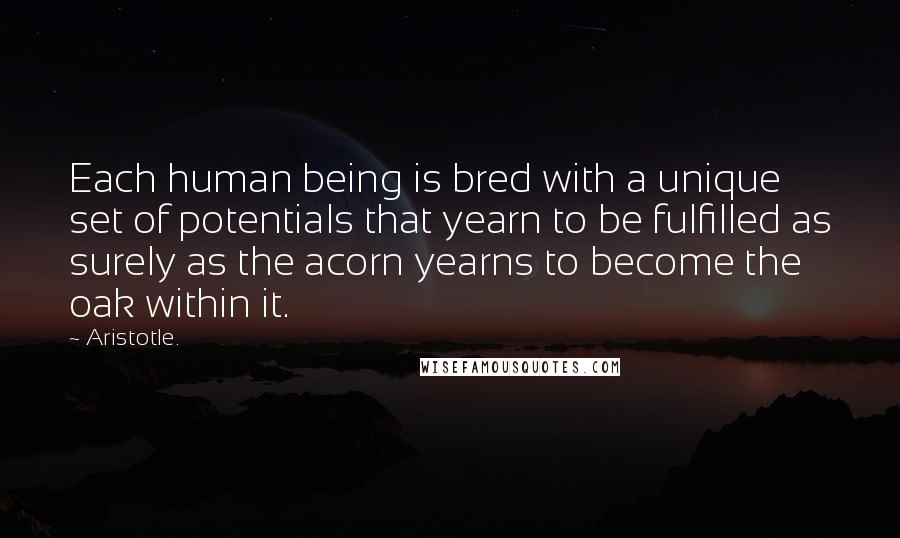 Aristotle. Quotes: Each human being is bred with a unique set of potentials that yearn to be fulfilled as surely as the acorn yearns to become the oak within it.