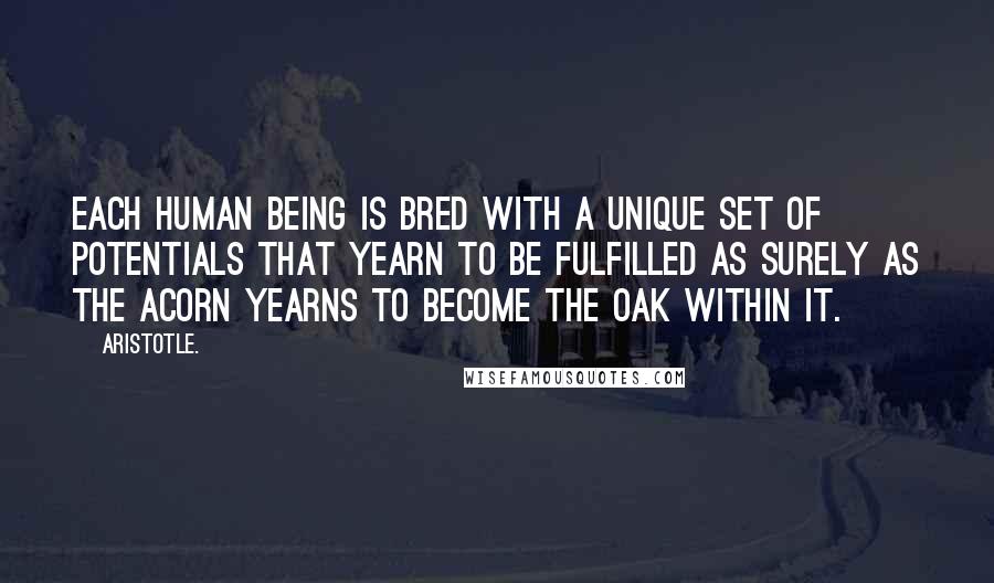 Aristotle. Quotes: Each human being is bred with a unique set of potentials that yearn to be fulfilled as surely as the acorn yearns to become the oak within it.