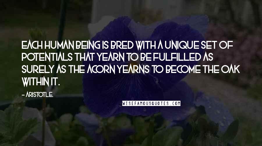 Aristotle. Quotes: Each human being is bred with a unique set of potentials that yearn to be fulfilled as surely as the acorn yearns to become the oak within it.