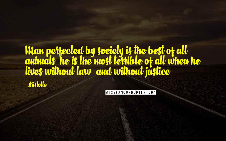 Aristotle. Quotes: Man perfected by society is the best of all animals; he is the most terrible of all when he lives without law, and without justice.