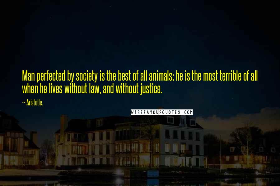 Aristotle. Quotes: Man perfected by society is the best of all animals; he is the most terrible of all when he lives without law, and without justice.