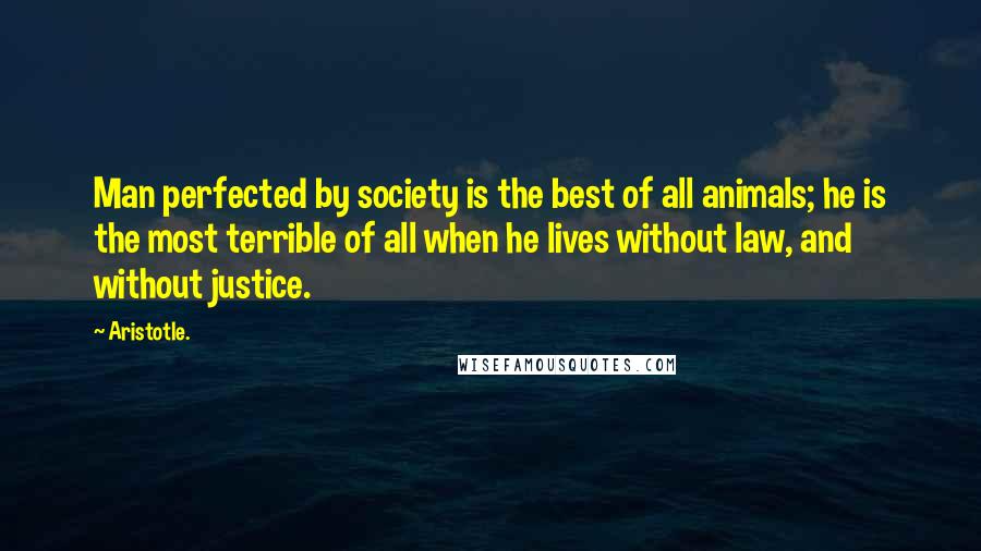 Aristotle. Quotes: Man perfected by society is the best of all animals; he is the most terrible of all when he lives without law, and without justice.