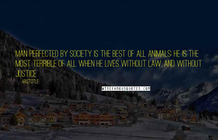 Aristotle. Quotes: Man perfected by society is the best of all animals; he is the most terrible of all when he lives without law, and without justice.