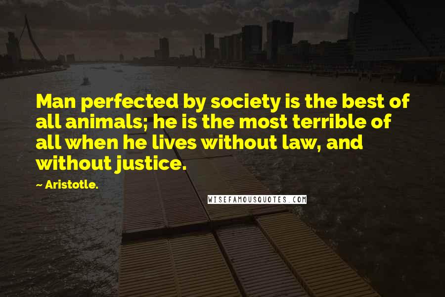 Aristotle. Quotes: Man perfected by society is the best of all animals; he is the most terrible of all when he lives without law, and without justice.