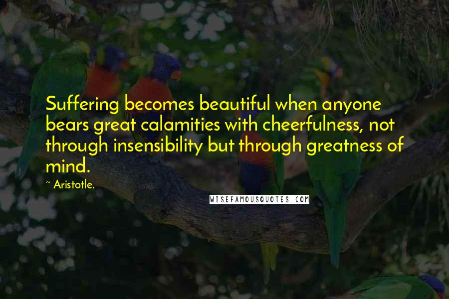 Aristotle. Quotes: Suffering becomes beautiful when anyone bears great calamities with cheerfulness, not through insensibility but through greatness of mind.