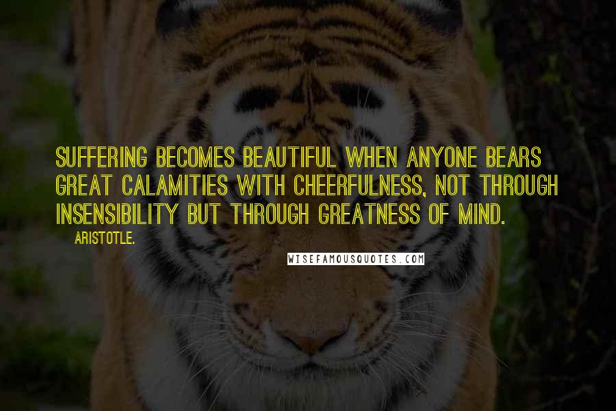 Aristotle. Quotes: Suffering becomes beautiful when anyone bears great calamities with cheerfulness, not through insensibility but through greatness of mind.