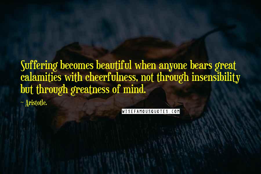 Aristotle. Quotes: Suffering becomes beautiful when anyone bears great calamities with cheerfulness, not through insensibility but through greatness of mind.