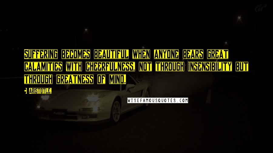 Aristotle. Quotes: Suffering becomes beautiful when anyone bears great calamities with cheerfulness, not through insensibility but through greatness of mind.