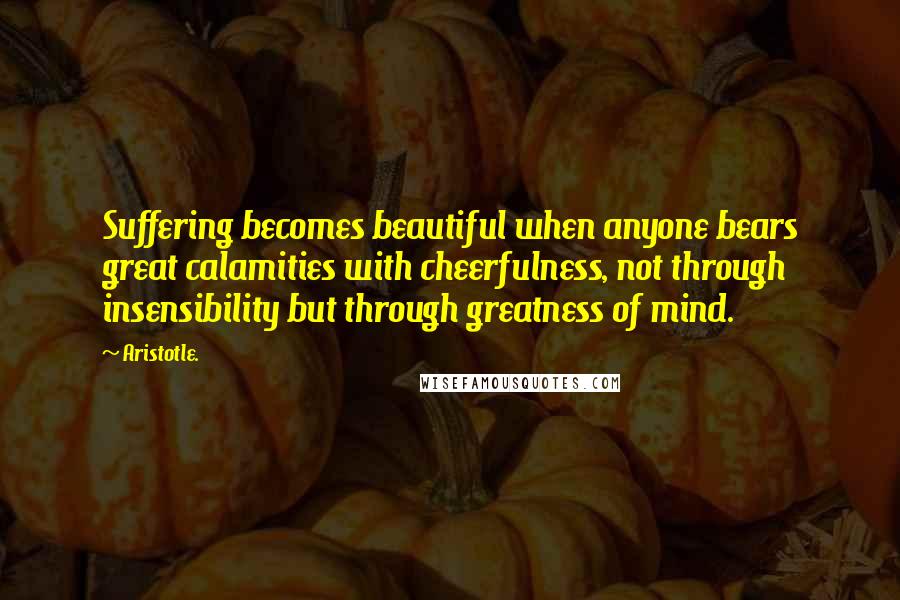 Aristotle. Quotes: Suffering becomes beautiful when anyone bears great calamities with cheerfulness, not through insensibility but through greatness of mind.