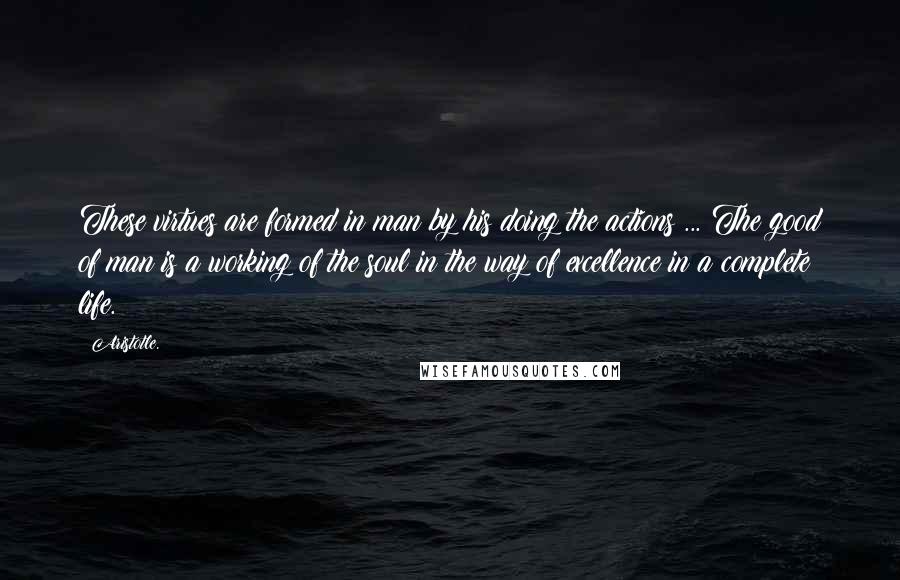 Aristotle. Quotes: These virtues are formed in man by his doing the actions ... The good of man is a working of the soul in the way of excellence in a complete life.