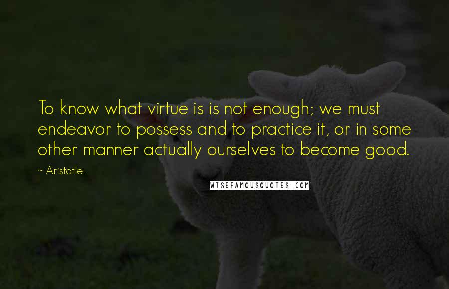 Aristotle. Quotes: To know what virtue is is not enough; we must endeavor to possess and to practice it, or in some other manner actually ourselves to become good.