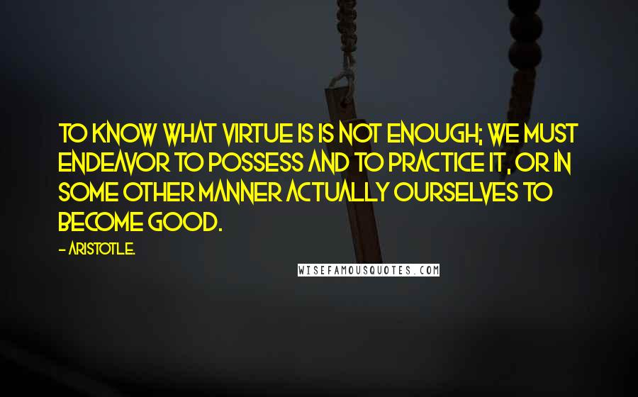 Aristotle. Quotes: To know what virtue is is not enough; we must endeavor to possess and to practice it, or in some other manner actually ourselves to become good.