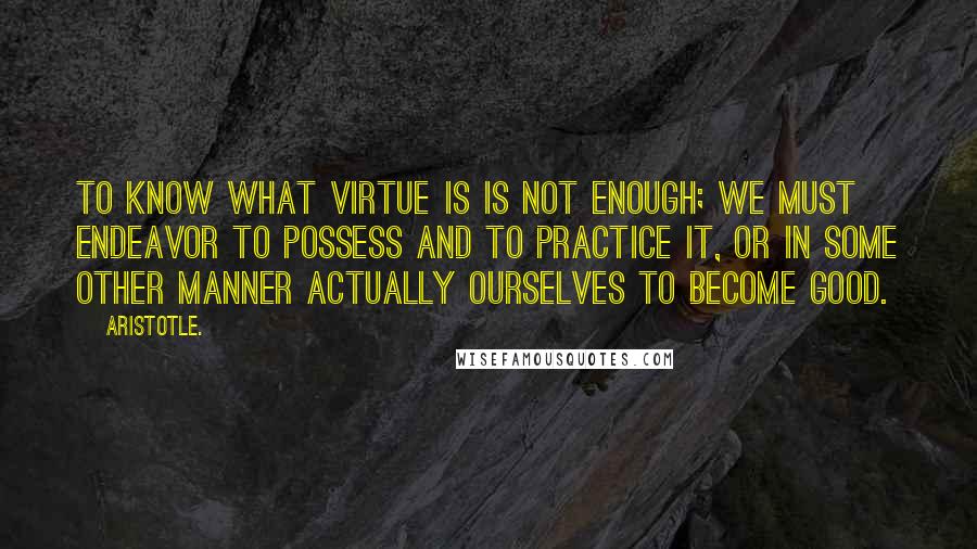 Aristotle. Quotes: To know what virtue is is not enough; we must endeavor to possess and to practice it, or in some other manner actually ourselves to become good.