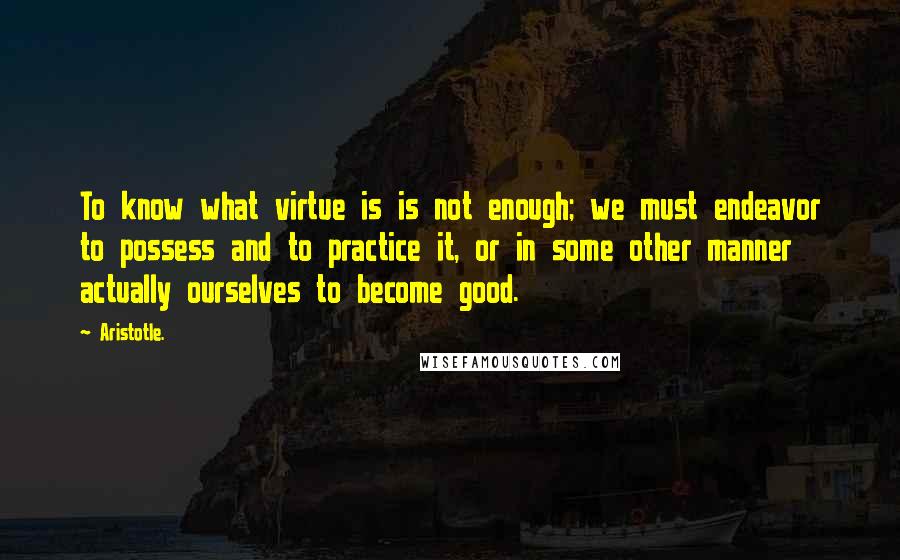 Aristotle. Quotes: To know what virtue is is not enough; we must endeavor to possess and to practice it, or in some other manner actually ourselves to become good.