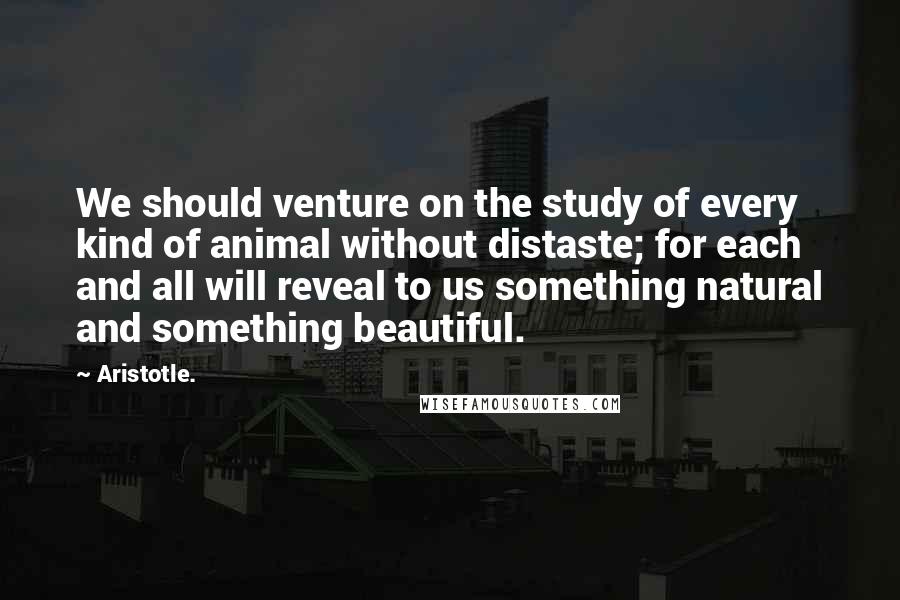 Aristotle. Quotes: We should venture on the study of every kind of animal without distaste; for each and all will reveal to us something natural and something beautiful.