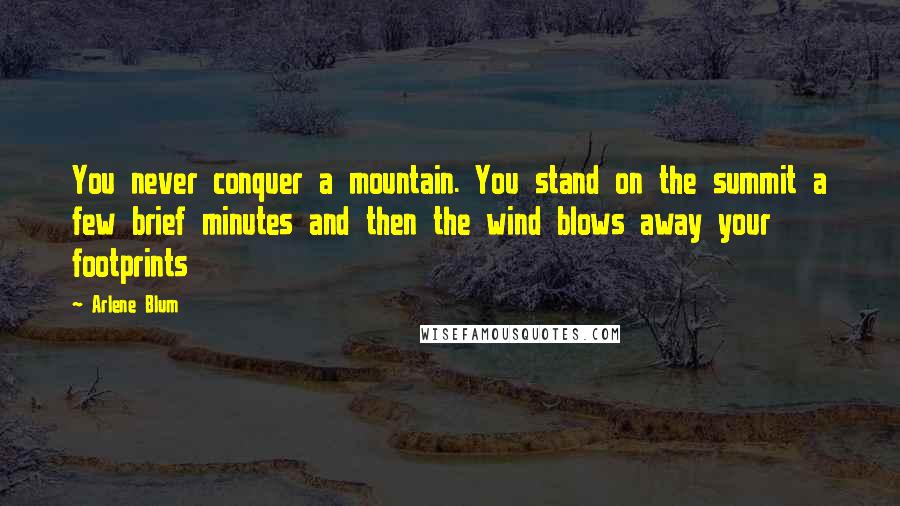 Arlene Blum Quotes: You never conquer a mountain. You stand on the summit a few brief minutes and then the wind blows away your footprints