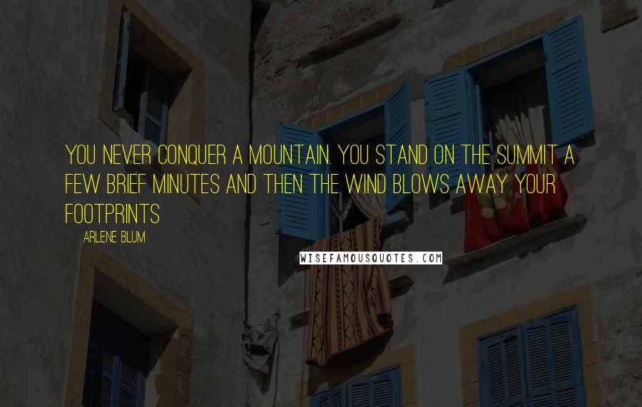 Arlene Blum Quotes: You never conquer a mountain. You stand on the summit a few brief minutes and then the wind blows away your footprints