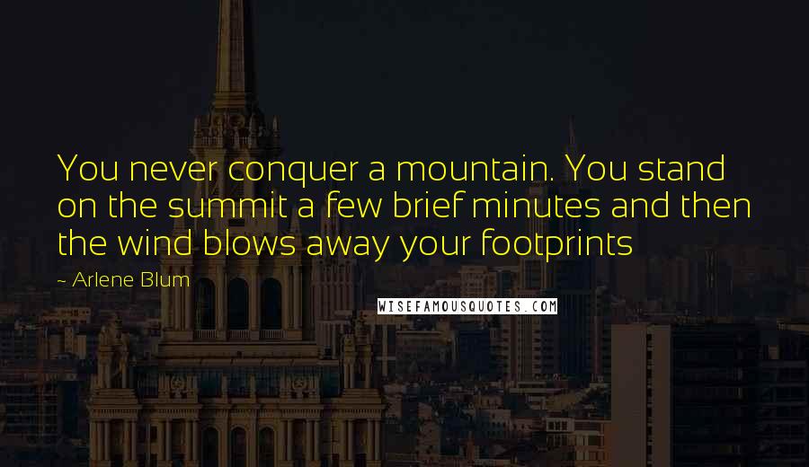 Arlene Blum Quotes: You never conquer a mountain. You stand on the summit a few brief minutes and then the wind blows away your footprints