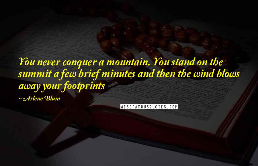 Arlene Blum Quotes: You never conquer a mountain. You stand on the summit a few brief minutes and then the wind blows away your footprints