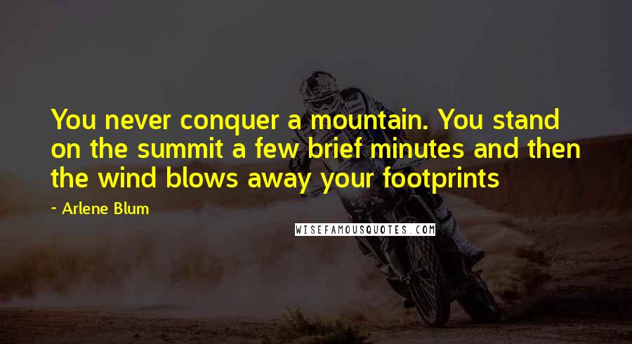 Arlene Blum Quotes: You never conquer a mountain. You stand on the summit a few brief minutes and then the wind blows away your footprints