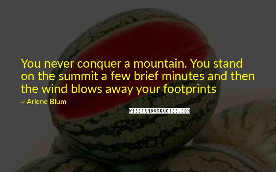 Arlene Blum Quotes: You never conquer a mountain. You stand on the summit a few brief minutes and then the wind blows away your footprints