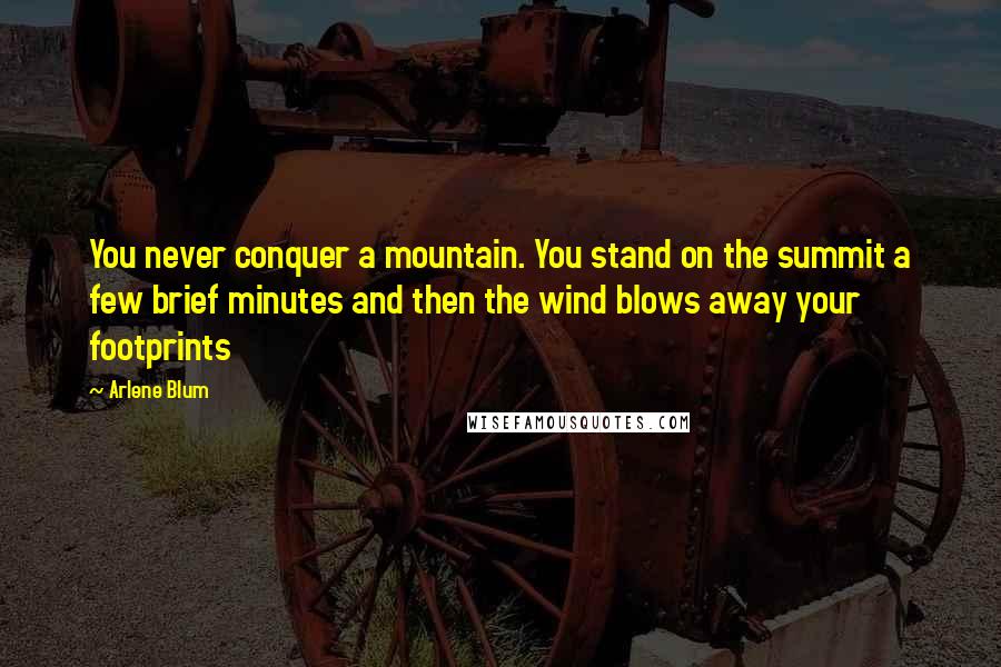 Arlene Blum Quotes: You never conquer a mountain. You stand on the summit a few brief minutes and then the wind blows away your footprints