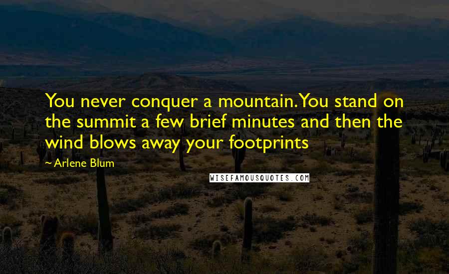 Arlene Blum Quotes: You never conquer a mountain. You stand on the summit a few brief minutes and then the wind blows away your footprints