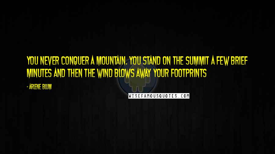 Arlene Blum Quotes: You never conquer a mountain. You stand on the summit a few brief minutes and then the wind blows away your footprints