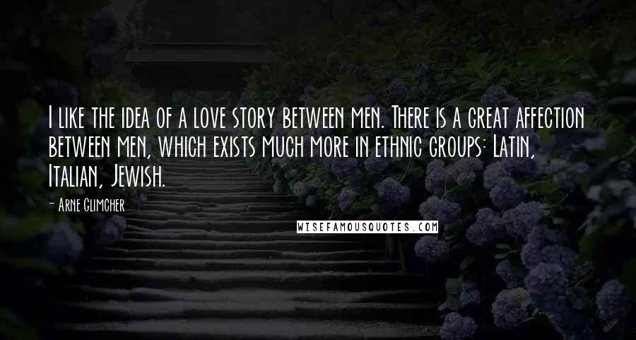 Arne Glimcher Quotes: I like the idea of a love story between men. There is a great affection between men, which exists much more in ethnic groups: Latin, Italian, Jewish.