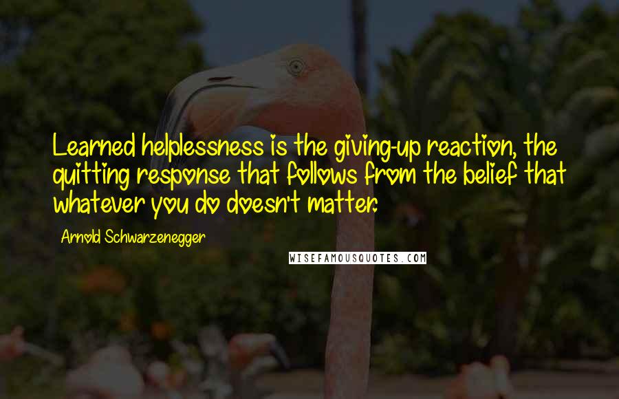 Arnold Schwarzenegger Quotes: Learned helplessness is the giving-up reaction, the quitting response that follows from the belief that whatever you do doesn't matter.