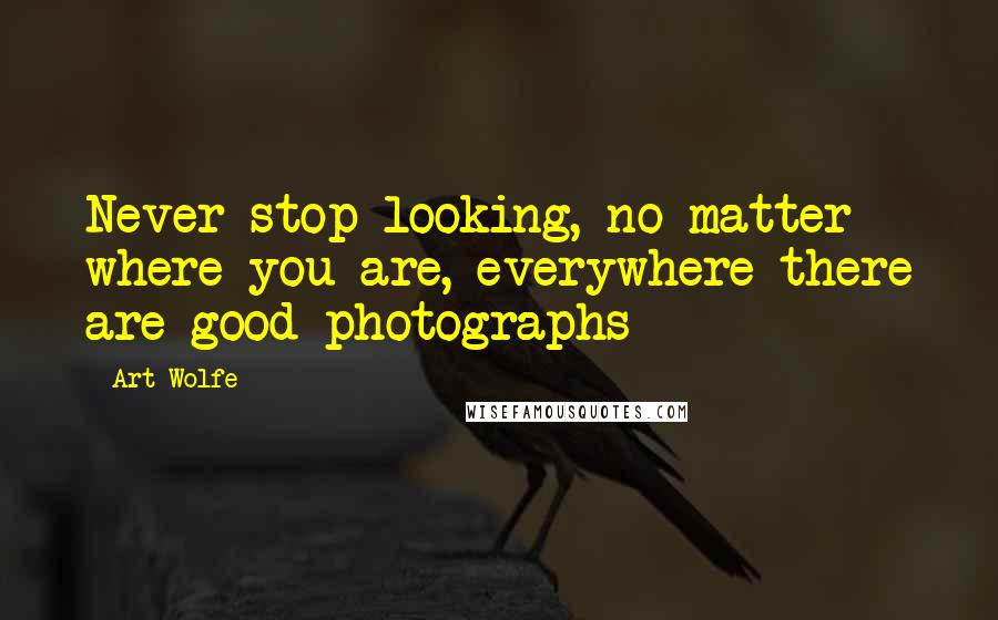 Art Wolfe Quotes: Never stop looking, no matter where you are, everywhere there are good photographs