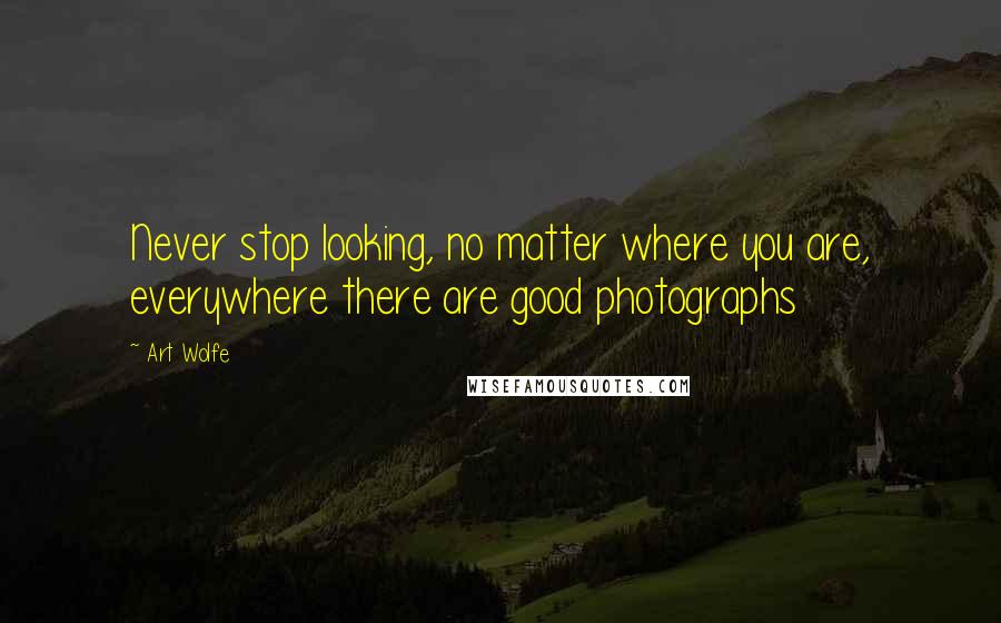 Art Wolfe Quotes: Never stop looking, no matter where you are, everywhere there are good photographs