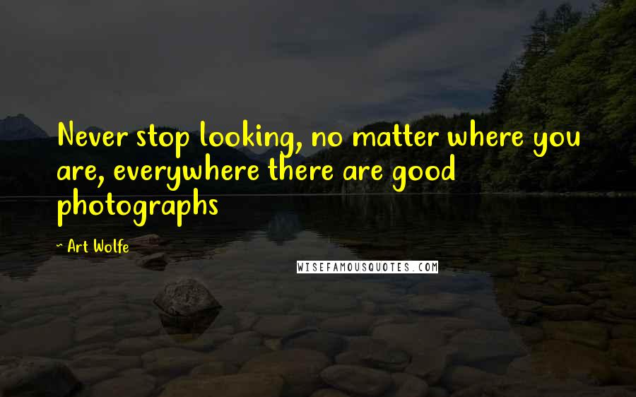 Art Wolfe Quotes: Never stop looking, no matter where you are, everywhere there are good photographs