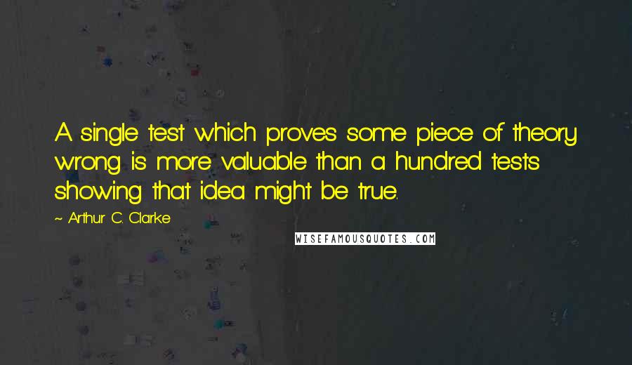 Arthur C. Clarke Quotes: A single test which proves some piece of theory wrong is more valuable than a hundred tests showing that idea might be true.