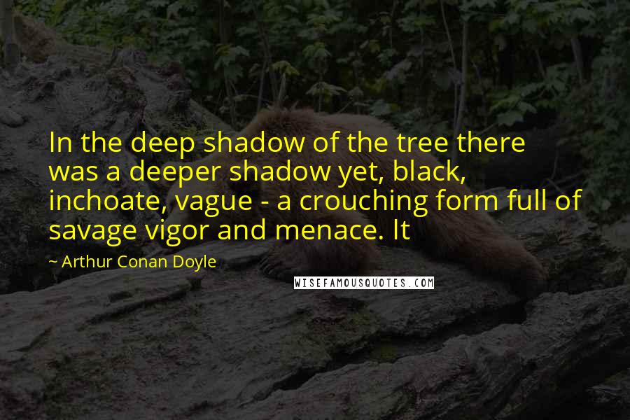 Arthur Conan Doyle Quotes: In the deep shadow of the tree there was a deeper shadow yet, black, inchoate, vague - a crouching form full of savage vigor and menace. It