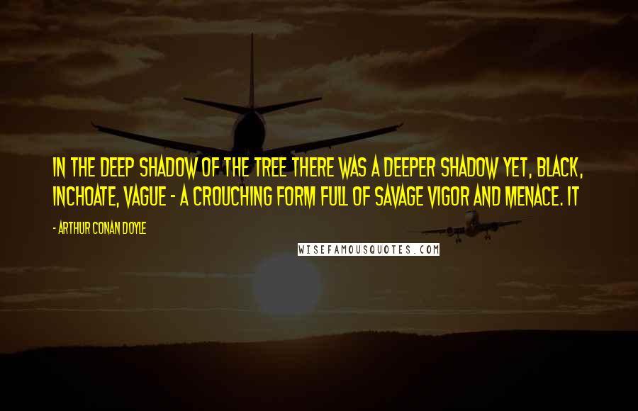 Arthur Conan Doyle Quotes: In the deep shadow of the tree there was a deeper shadow yet, black, inchoate, vague - a crouching form full of savage vigor and menace. It