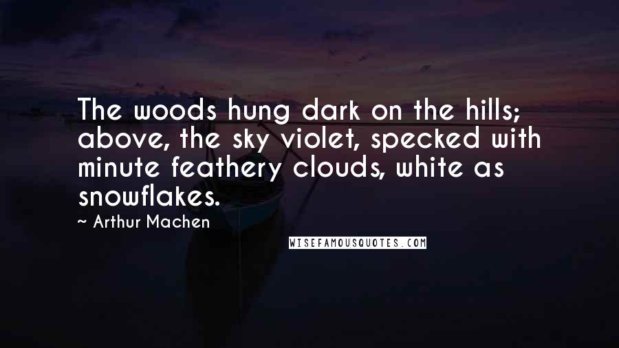 Arthur Machen Quotes: The woods hung dark on the hills; above, the sky violet, specked with minute feathery clouds, white as snowflakes.